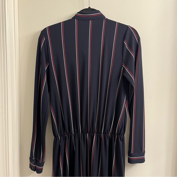 Ann Taylor Tie Neck Button Front Long Sleeve Navy Red Stripe Dress Size Medium - Picture 5 of 9